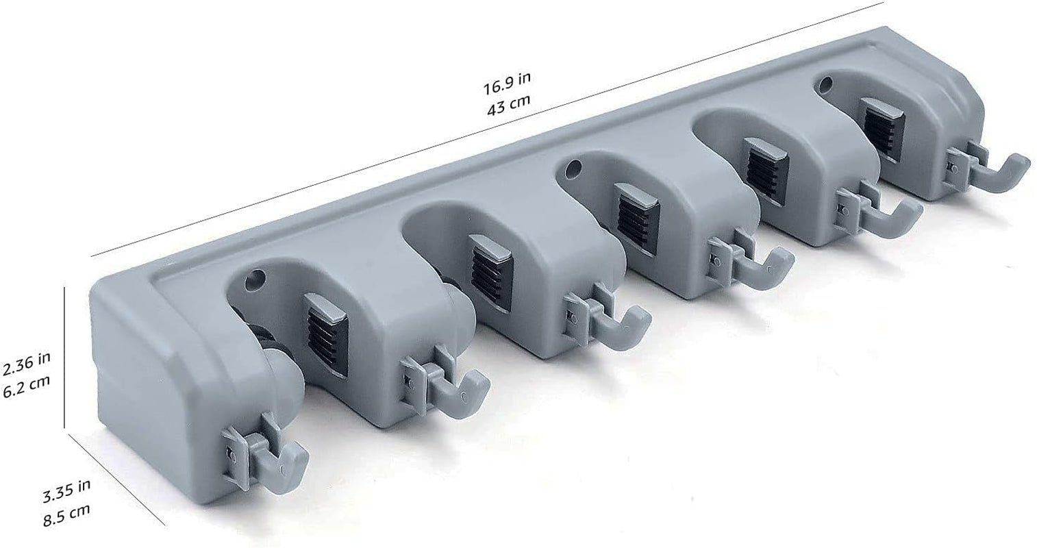Wall-Mount Broom & Tool Holder (6 Hooks) – Grey