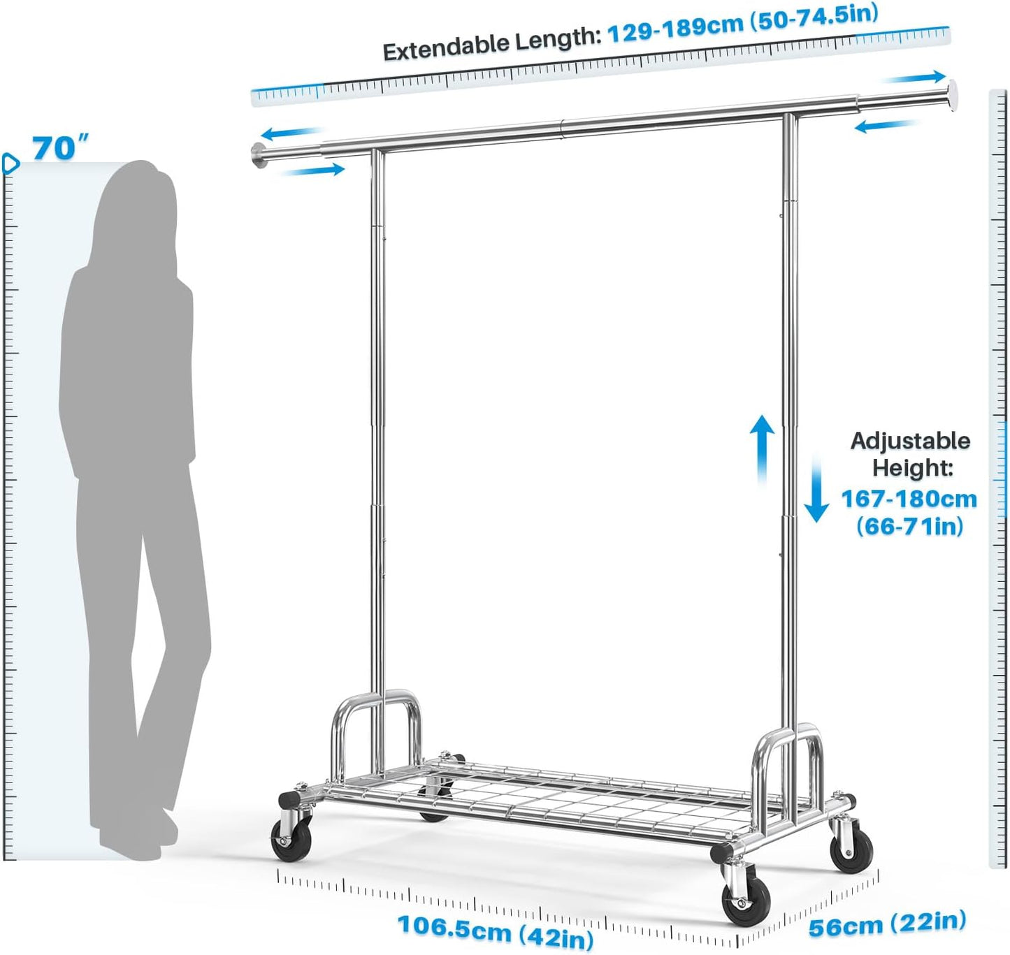 Heavy-Duty Adjustable Clothes Rail with Wheels – Silver