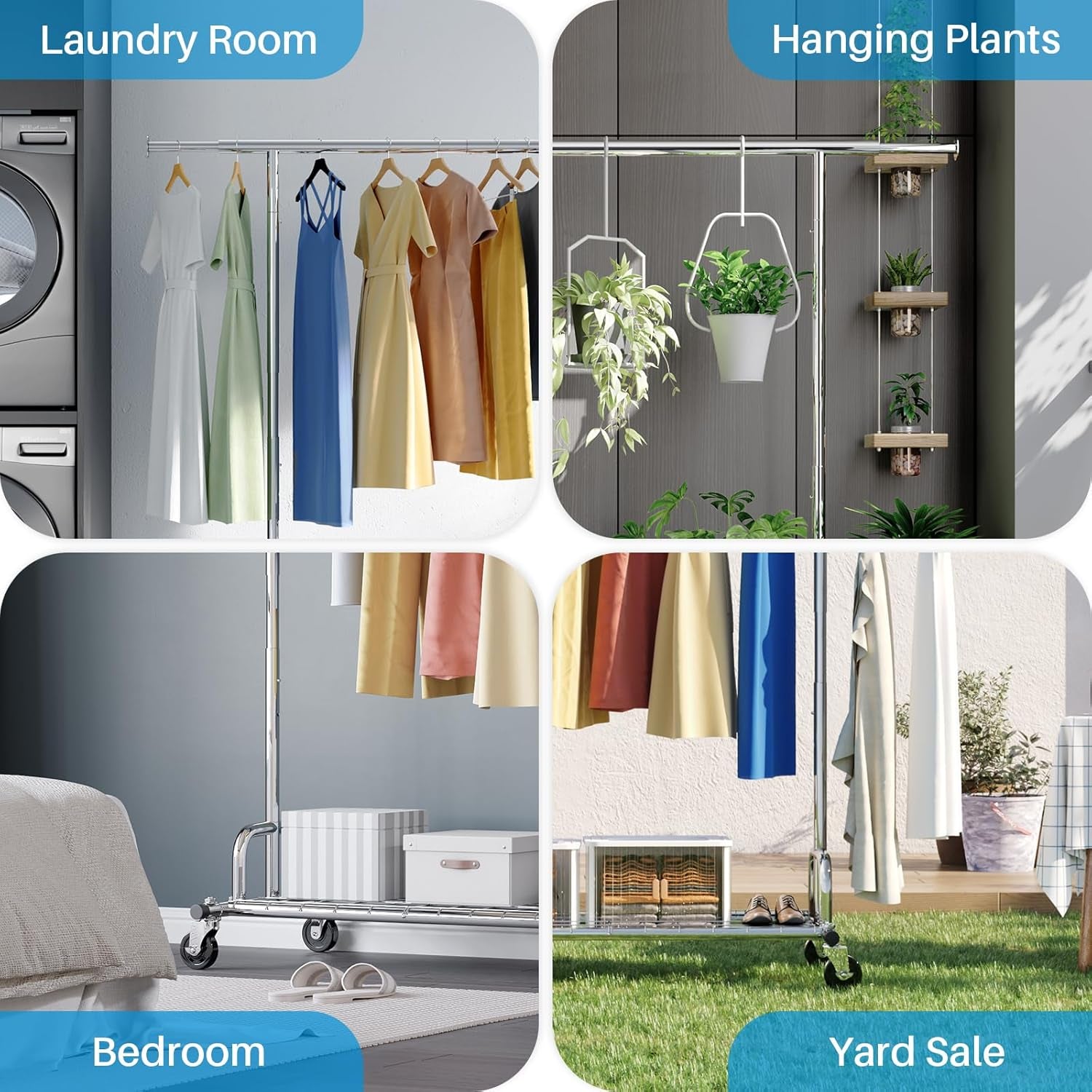 Heavy-Duty Adjustable Clothes Rail with Wheels – Silver