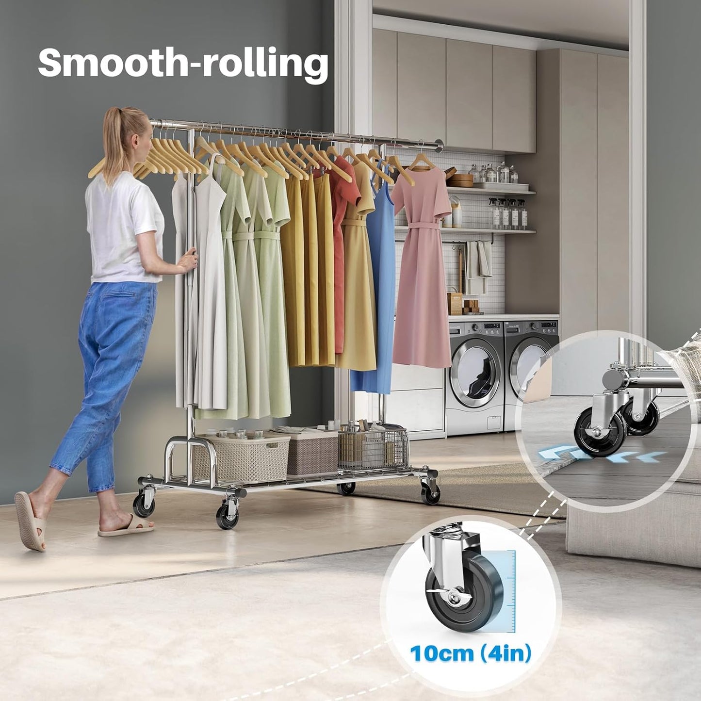 Heavy-Duty Adjustable Clothes Rail with Wheels – Silver