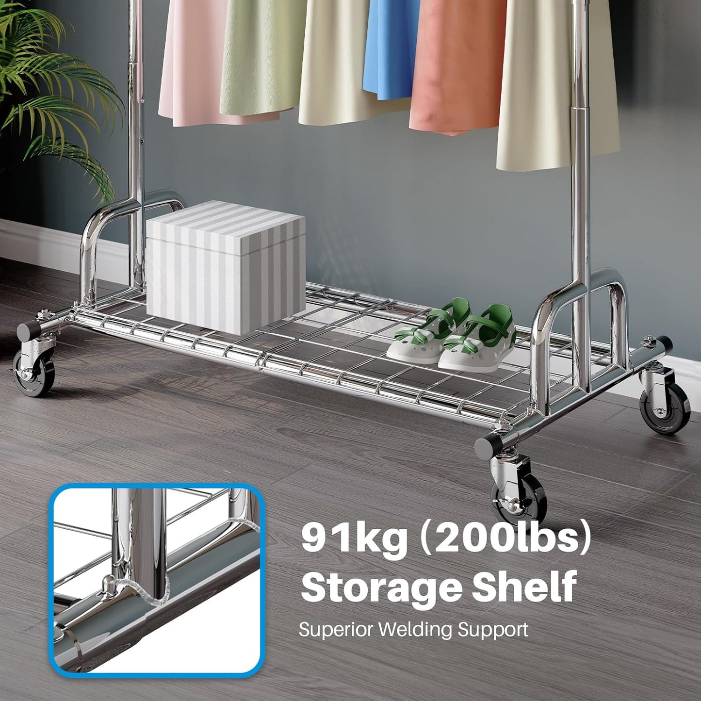 Heavy-Duty Adjustable Clothes Rail with Wheels – Silver